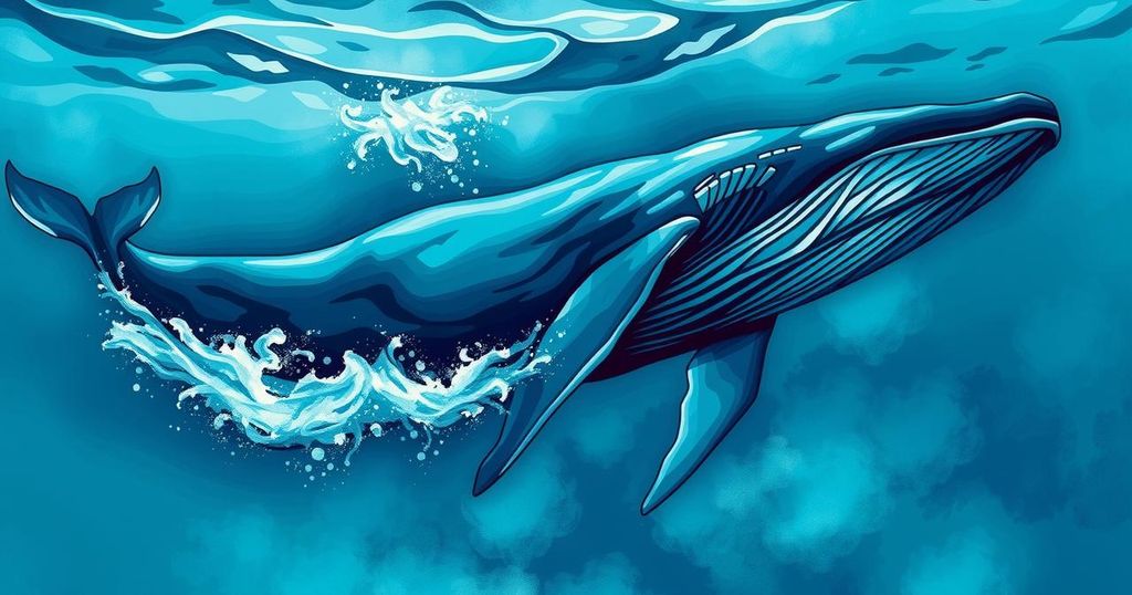 A digital illustration of a whale submerged in waves, symbolizing vast trading currents in cryptocurrency markets.
