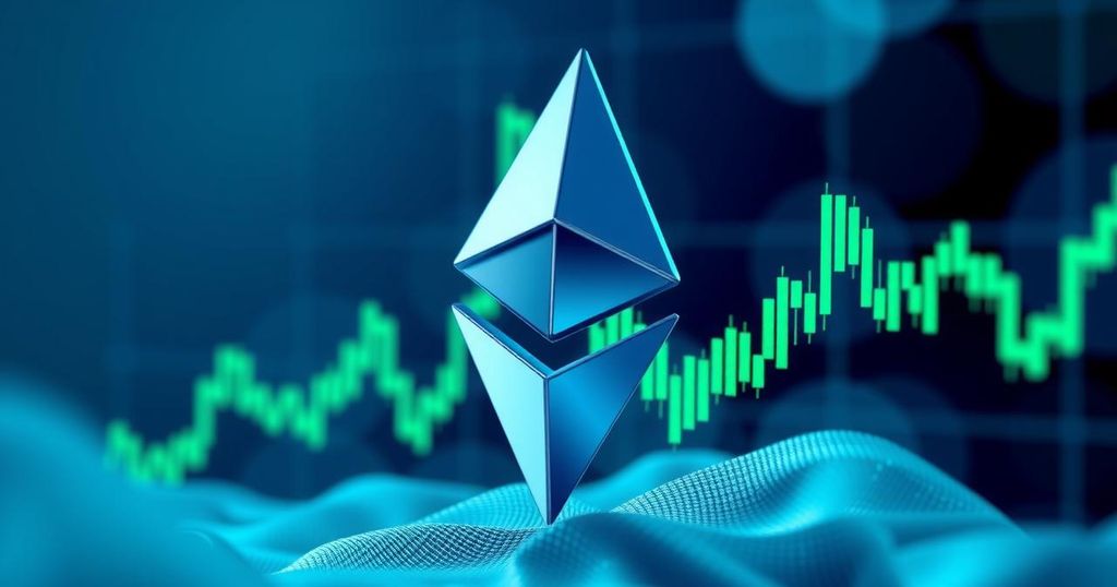 Illustration of Ethereum symbol surrounded by abstract charts and graphs showing rising and falling trends, in blue and green tones.