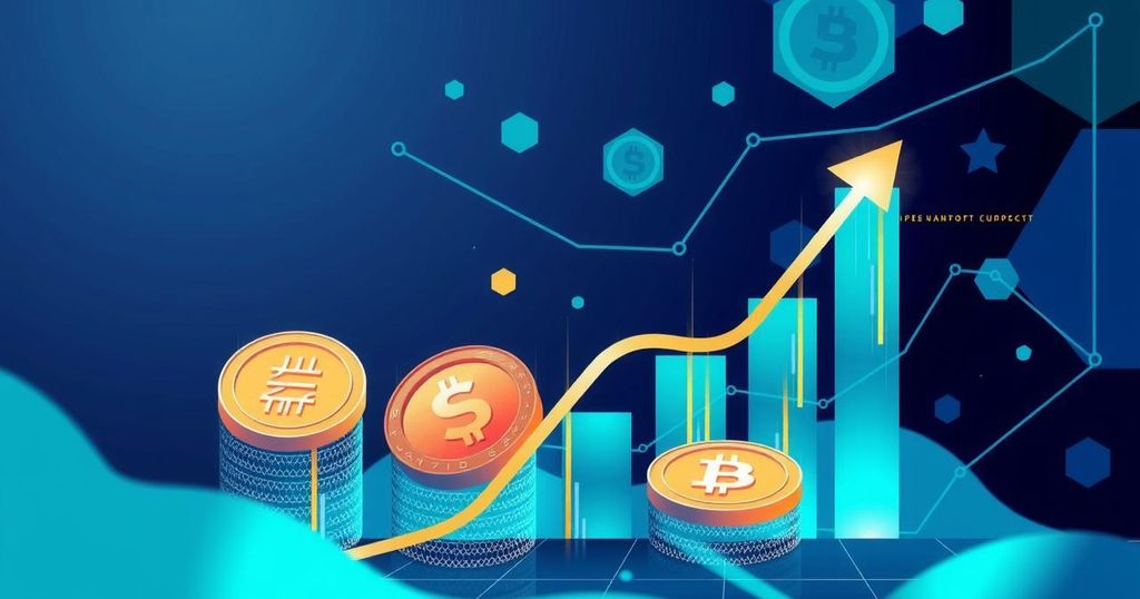 Abstract representation of Bitcoin growth strategy, showcasing digital coins ascending under a tech-inspired backdrop.