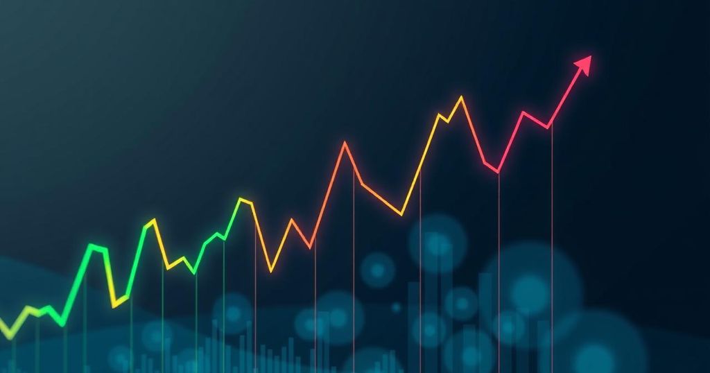 An abstract representation of Bitcoin funding rates, with fluctuating green and red lines indicating market sentiment and balance.