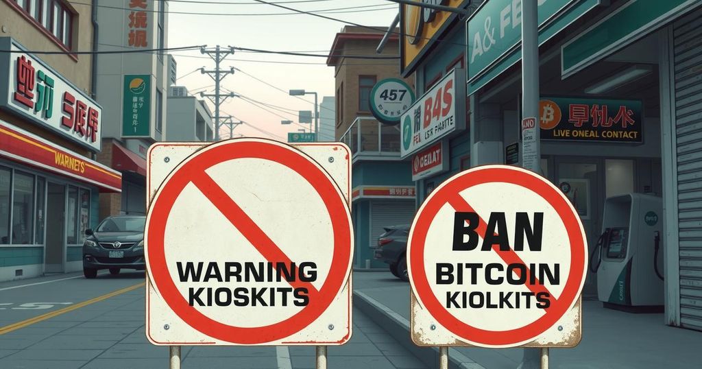 A city street scene depicting a ban on cryptocurrency kiosks with warning signs in an urban setting.