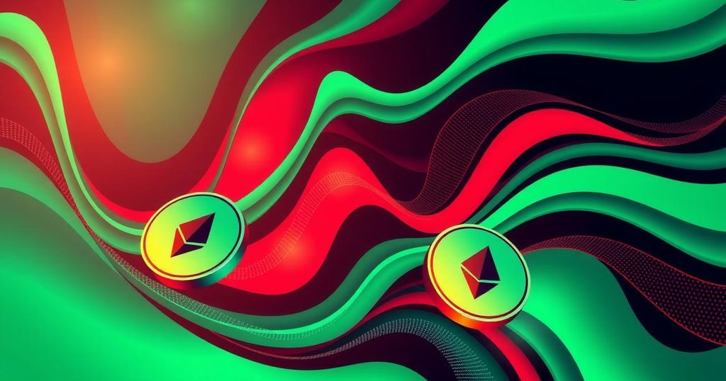 A digital abstract representation of Ethereum, depicting currency symbols in green and red hues to indicate market fluctuations.