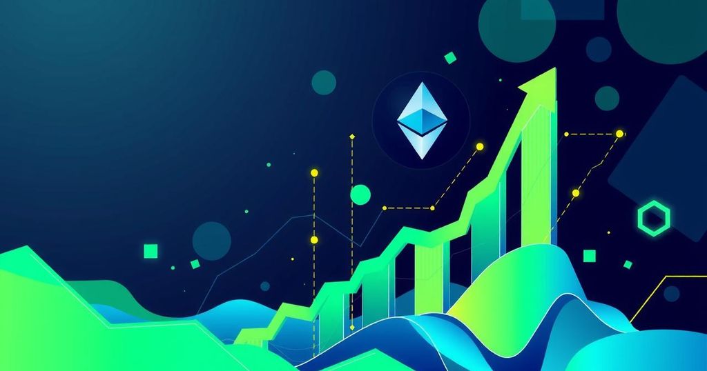 Ethereum price rally with green arrows and abstract graphics indicating market trends, in vibrant blue and green colours.