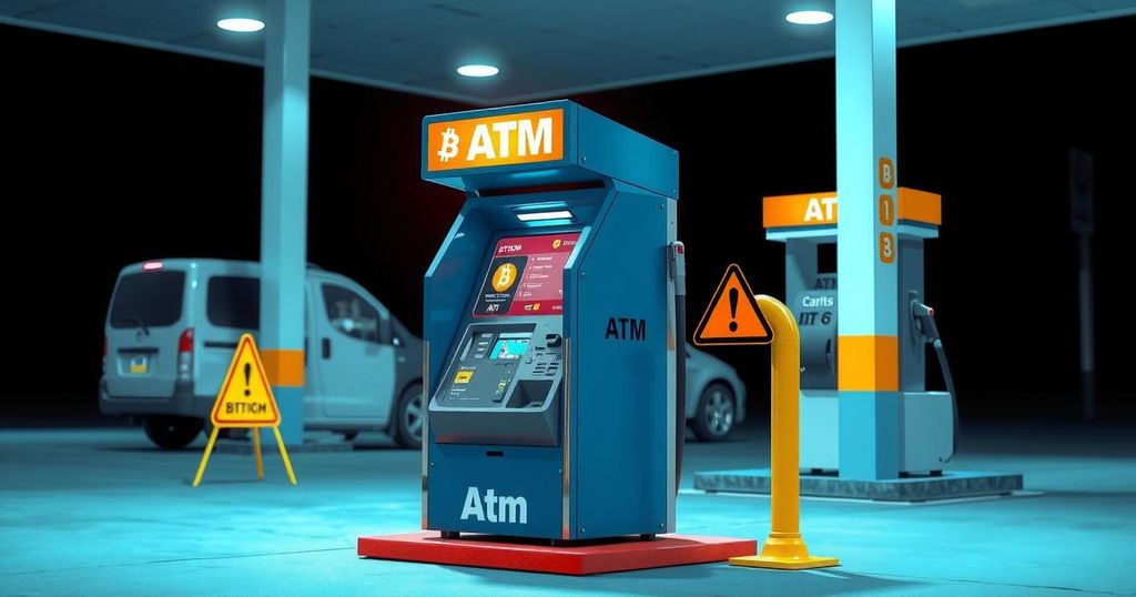 A Bitcoin ATM with a caution sign, symbolising the threat of cryptocurrency scams; bright colours highlight the urgency.
