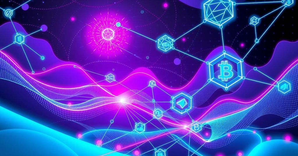 A digital landscape with futuristic elements, showcasing AI-driven tools and cryptocurrencies in a vibrant colour palette.