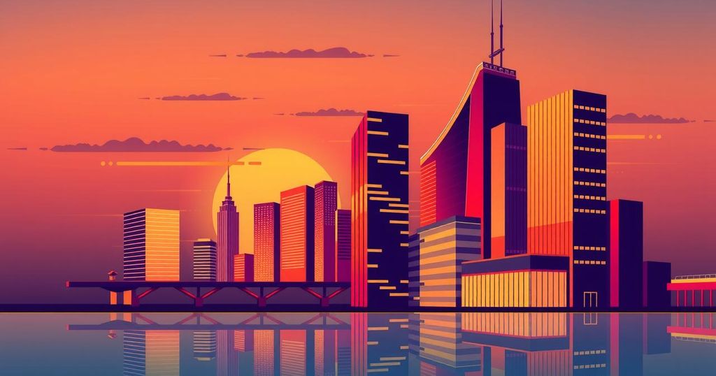 A vibrant city skyline during sunset, symbolizing the rise of finance and technology innovations in the crypto industry.