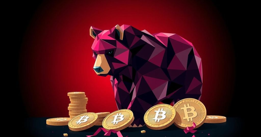 A bear market symbolising crypto downturn with red downward arrows and coins fading in colour.