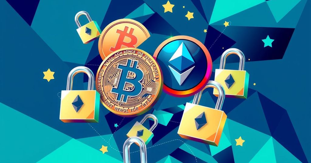 Abstract representation of cryptocurrencies including Bitcoin and Ethereum against a backdrop of digital locks and chains.