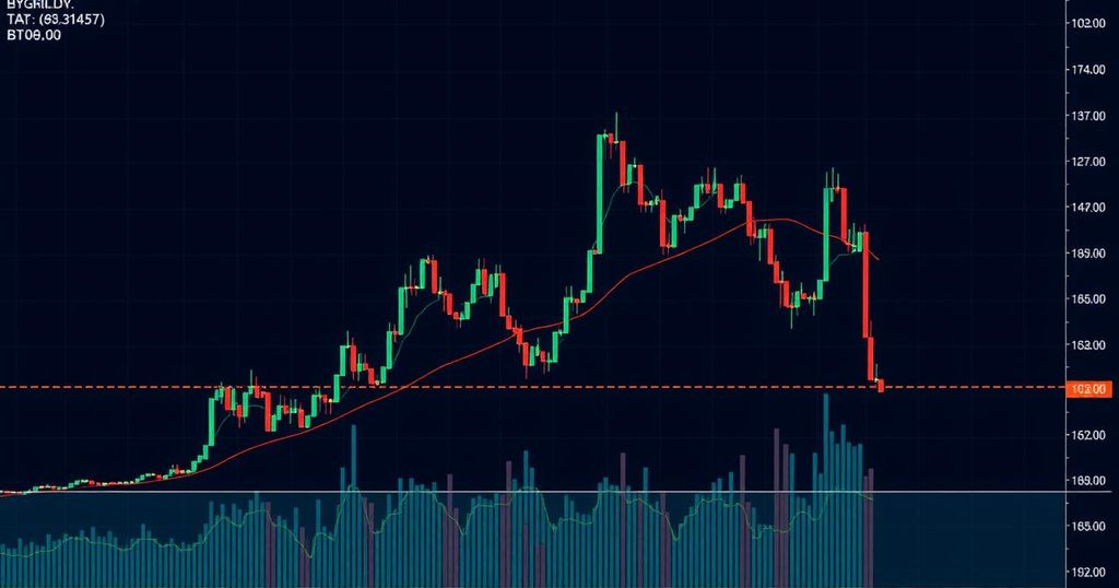 Bitcoin descending triangle pattern in a financial chart with blue and green lines, against a dark background.