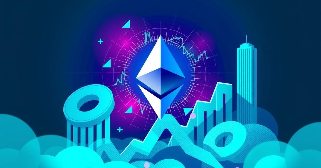 A digital representation of Ethereum symbol with bullish market charts and a backdrop of institutional buildings.