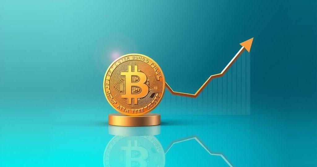 Golden Bitcoin symbol with a rising trend line on a graph against a backdrop of calm blue and green colors.