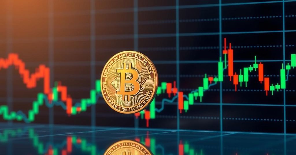 A Bitcoin coin with a graphical representation of a fluctuating price chart in the background, reflecting market movements.