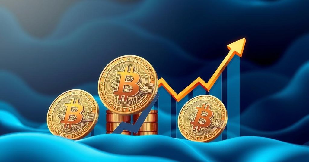 A digital artwork depicting Bitcoin symbols surrounded by charts showing fluctuations and corporate interest.