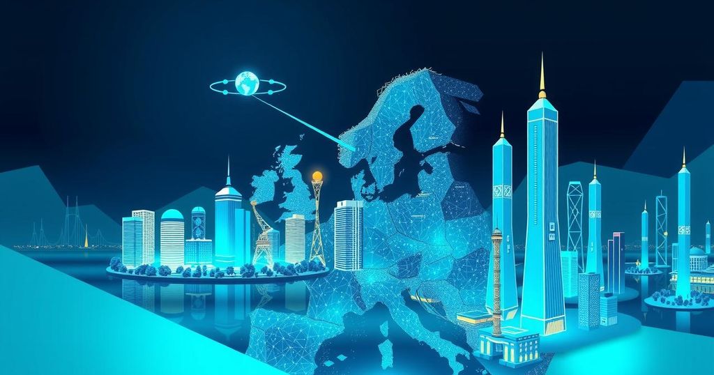 A vibrant digital illustration depicting Europe as a thriving crypto hub with abstract symbols of growth and regulation.