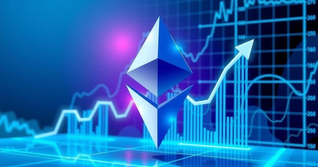 A digital artwork depicting a bullish Ethereum symbol with a rising graph in a dynamic tech-themed style and blue tones.