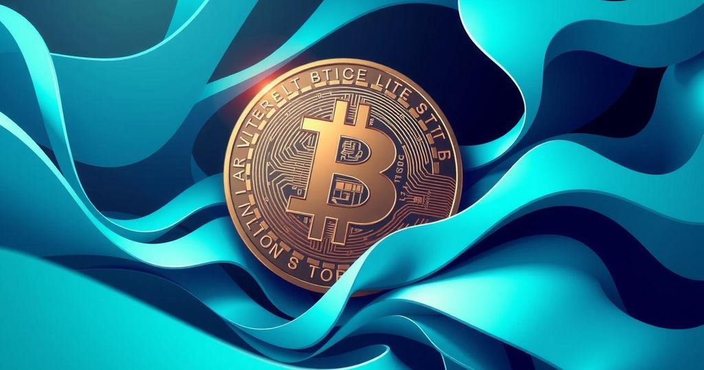 A digital artwork depicting a Bitcoin logo surrounded by abstract shapes in a calm blue and green colour scheme.