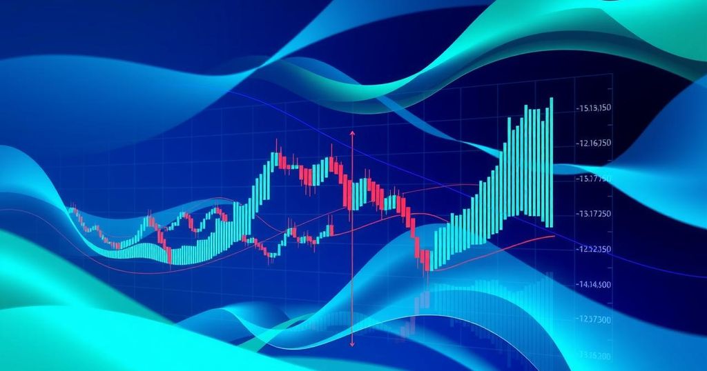 Cryptocurrency trading chart showcasing price action with vibrant colours and geometric shapes, representing market trends.
