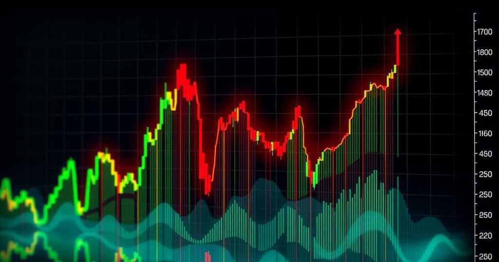 A dynamic financial graph showing a volatile Bitcoin price with sharp upward and downward trends against a dark background.