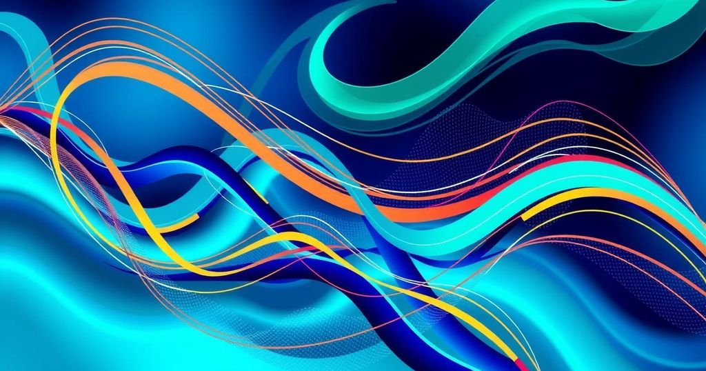 Abstract digital art depicting various cryptocurrencies in a dynamic market, with vibrant colours and flowing lines.