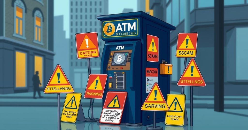 A Bitcoin ATM surrounded by warning signs highlighting fraud awareness, in a city setting.