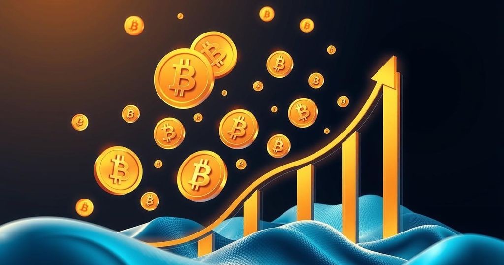 A depiction of a futuristic financial landscape with Bitcoin symbols and upward trends in golden hues.