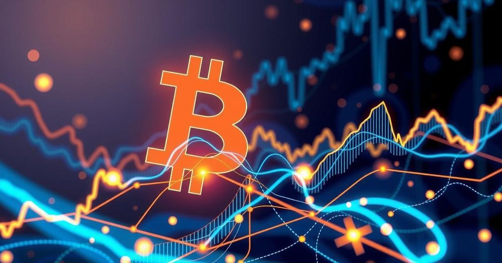 Digital representation of fluctuating Bitcoin market with abstract lines and bold colours in a tech-inspired style.