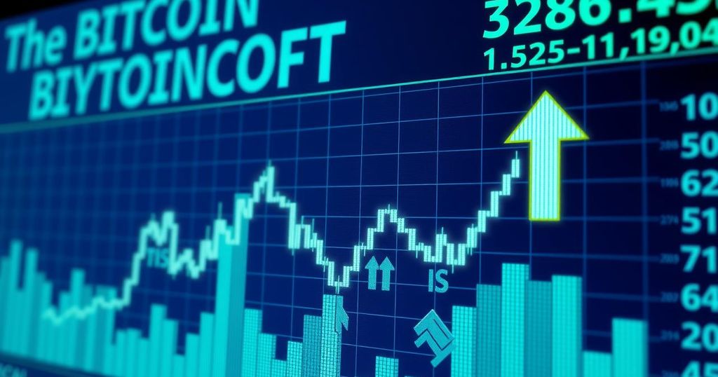 Bitcoin trading graphic with upward and downward arrows, digital currency symbols in a modern financial theme.