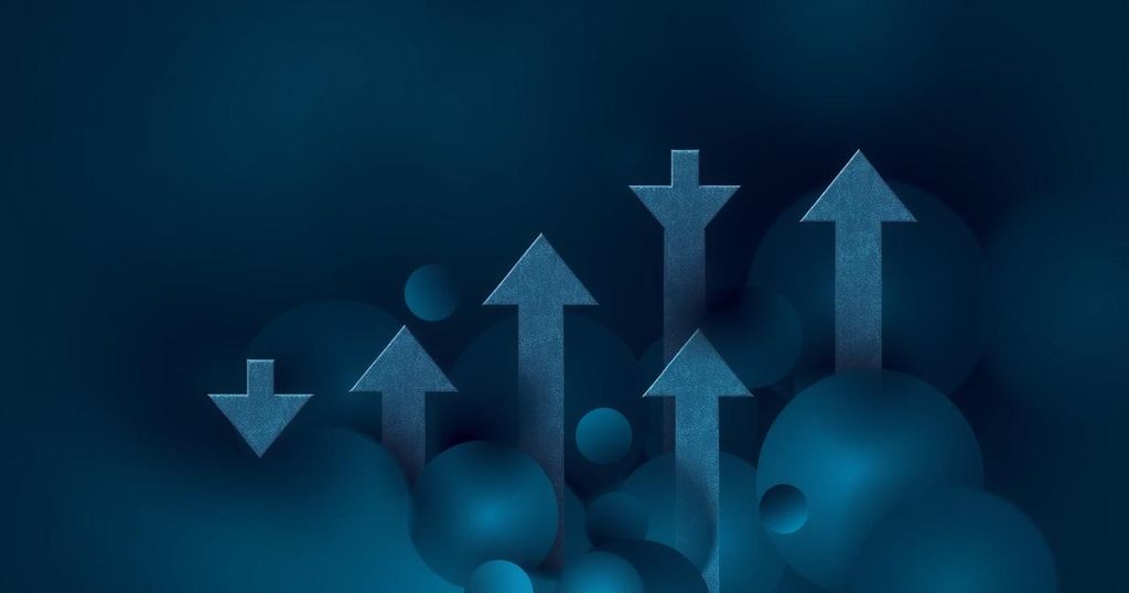 Abstract digital representation of cryptocurrency trends, with downward arrows and dark tones implying bearish market sentiment.