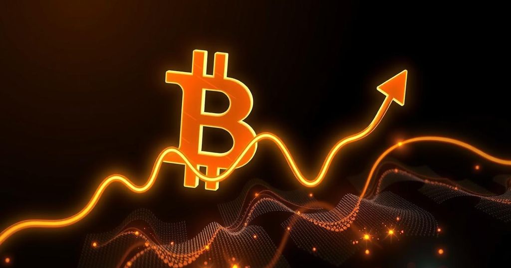 A digital illustration of a fluctuating Bitcoin graph set against a dark background with golden waves, abstract style.