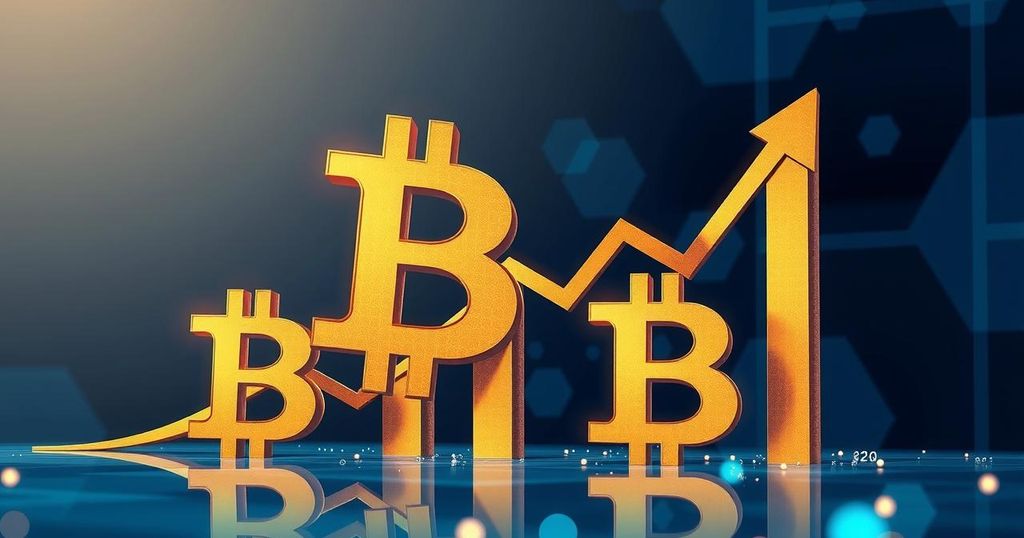 A graph showing rising Bitcoin production costs with abstract stylized numbers and upward arrows in a blue and gold colour scheme.