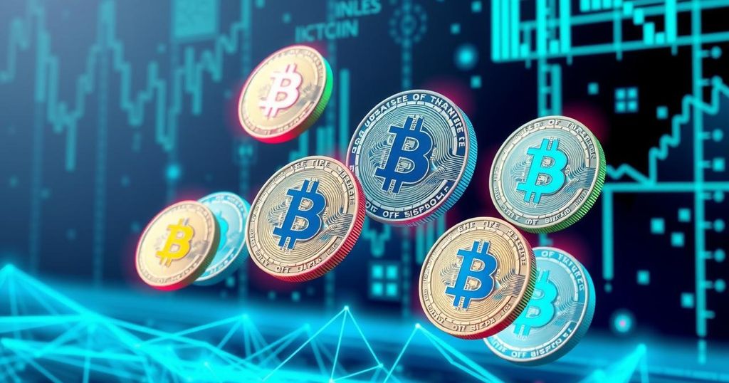 An abstract representation of cryptocurrency, showcasing iconic coins with vibrant colours and digital patterns.