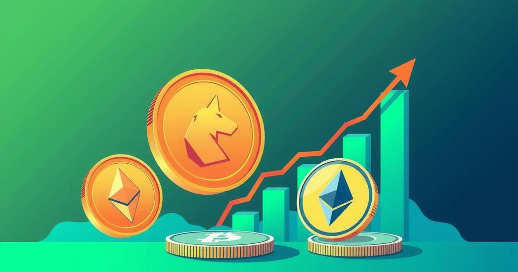 Vibrant illustration of cryptocurrency growth, featuring Dogecoin as a rising coin among others in a dynamic market scene.