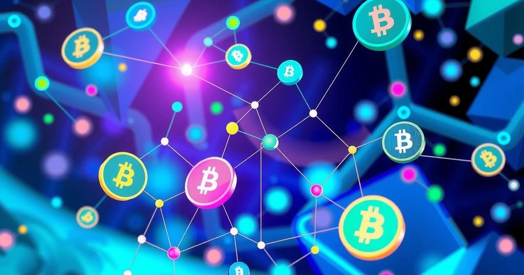 Colourful abstract representation of blockchain technology with symbolic tokens on a backdrop of digital connectivity.