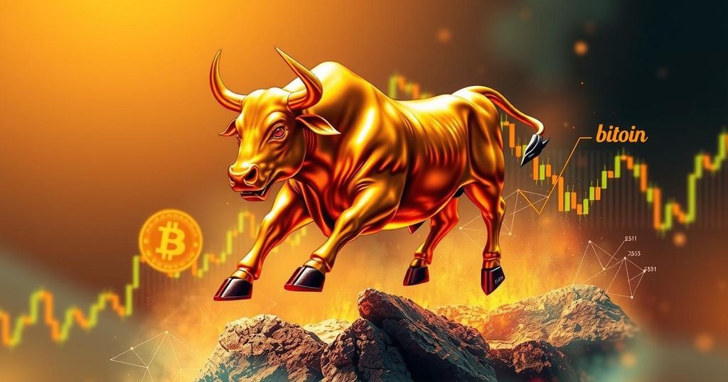 A vibrant digital artwork featuring a golden bull against a backdrop of rising bitcoin charts, symbolising crypto growth.