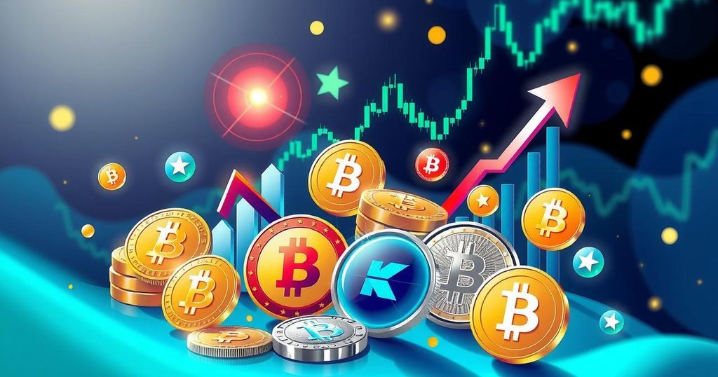 Vibrant digital illustration of various cryptocurrency symbols with uptrend charts, representing a bullish market.