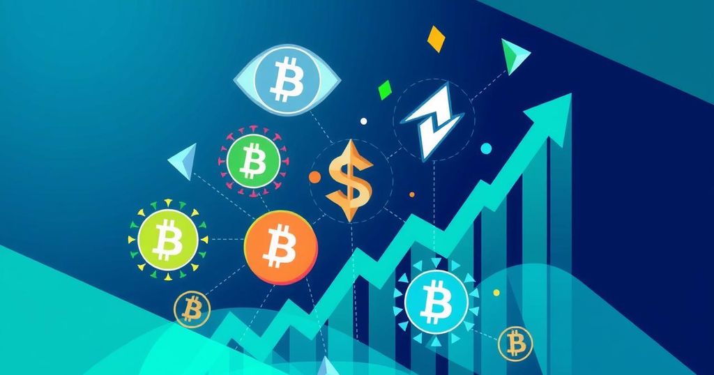Conceptual illustration of cryptocurrency growth with symbols and graphs in vibrant blue and green tones.