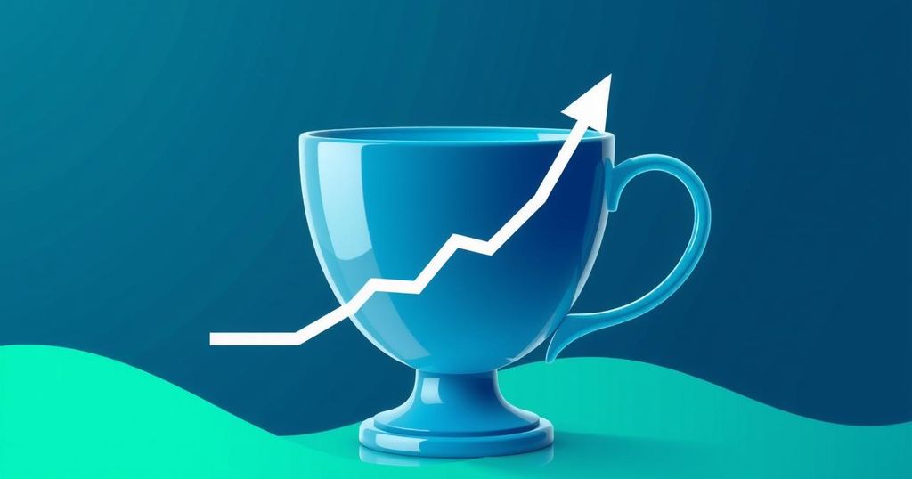 A bullish cup and handle chart pattern with ascending lines and upward trend arrows, set against a gradient background.