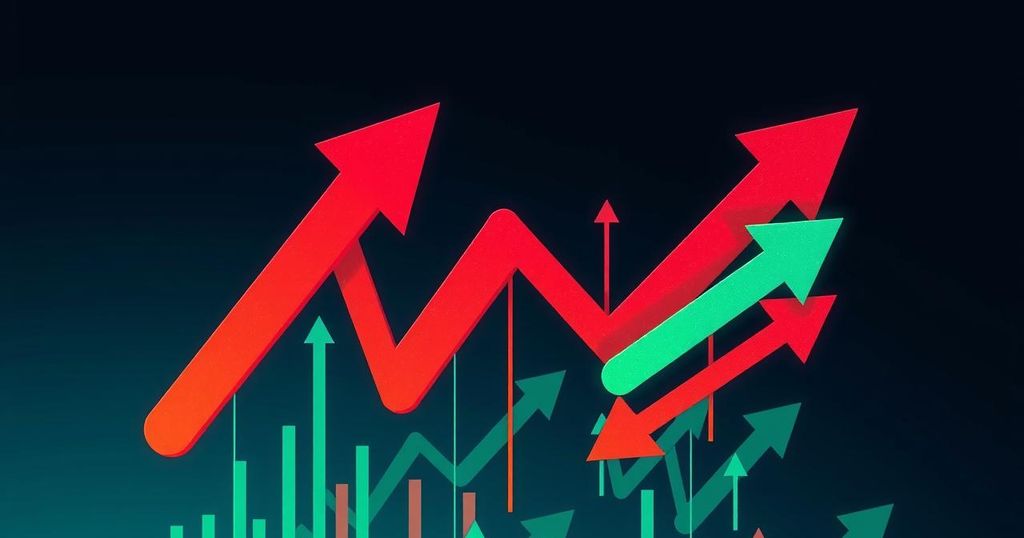Abstract representation of cryptocurrency market volatility with red and green arrows, highlighting Bitcoin's fluctuating value.