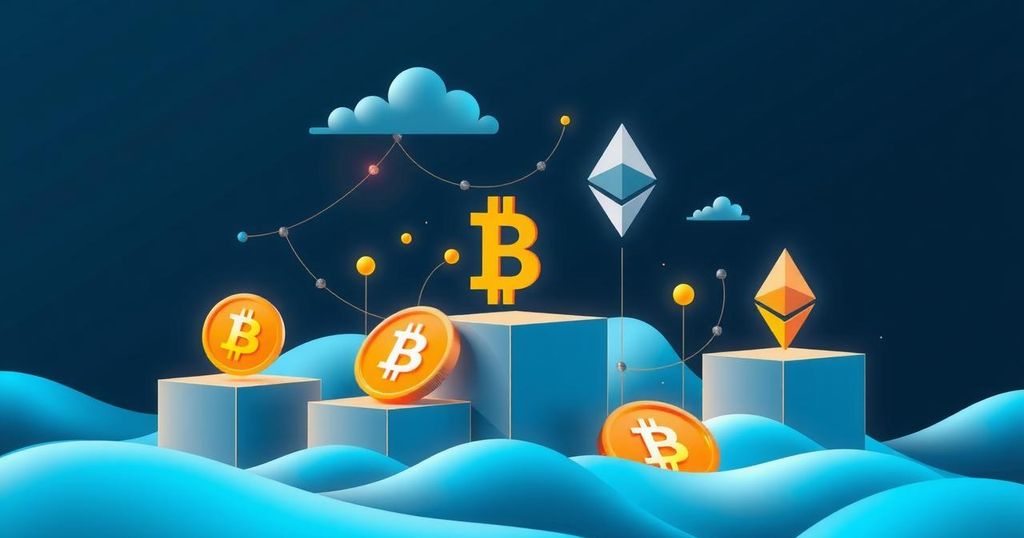 A digital landscape depicting cloud mining, showcasing abstract cryptocurrency symbols and transparent blocks in blue and gold hues.