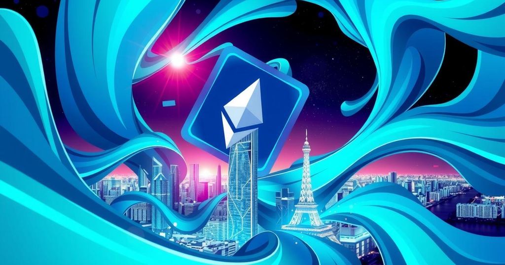 Abstract digital artwork showcasing Ethereum's rise with vibrant blues and greens, symbolizing cryptocurrency growth in Asia.
