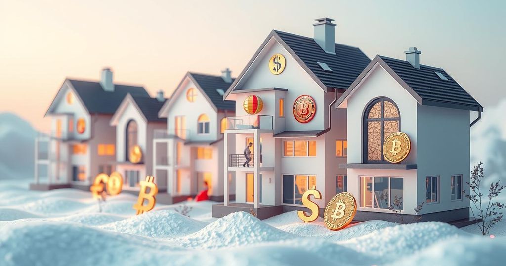 Abstract representation of cryptocurrency integration in housing finance, showcasing digital currency symbols with houses.