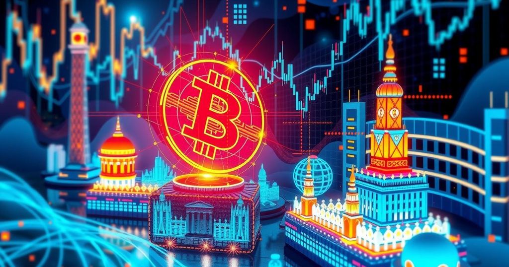 Bitcoin symbol stabilizing into a digital landscape with a historical financial city background, in a vibrant futuristic style.