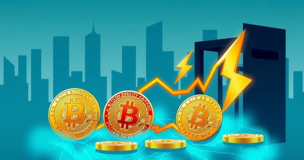 Graphical representation of Bitcoin mining costs and trends with coins and energy symbols in a modern style.
