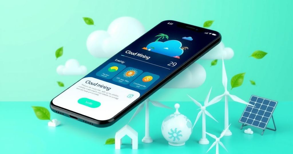 A sleek smartphone displaying a cloud mining app interface with renewable energy themes and digital assets icons.