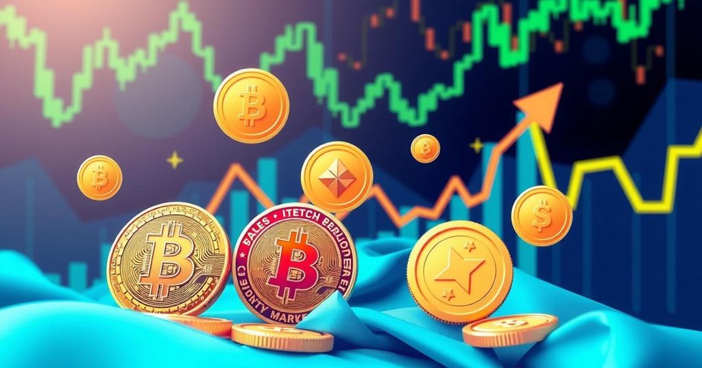 A vibrant crypto market scene with soaring coins, dynamic charts, and digital currency symbols in a bold colour palette.