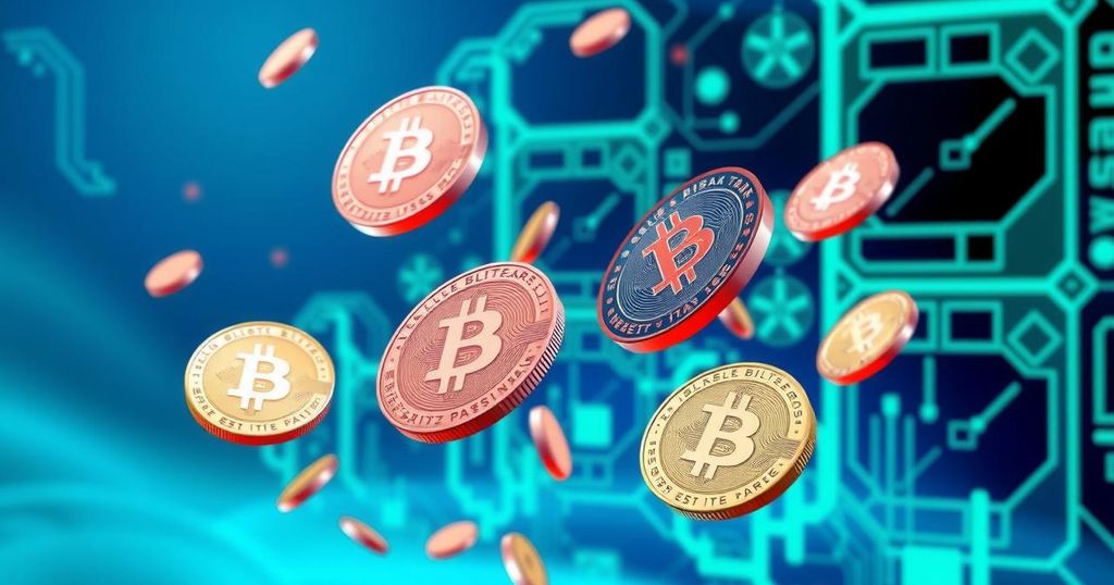 A vibrant cryptocurrency concept with digital coins floating in a tech-themed background, using blues and greens.