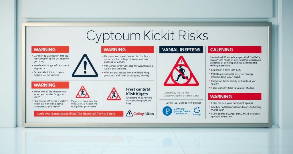 An information board with warning signs about cryptocurrency kiosk risks, set against a calm background.