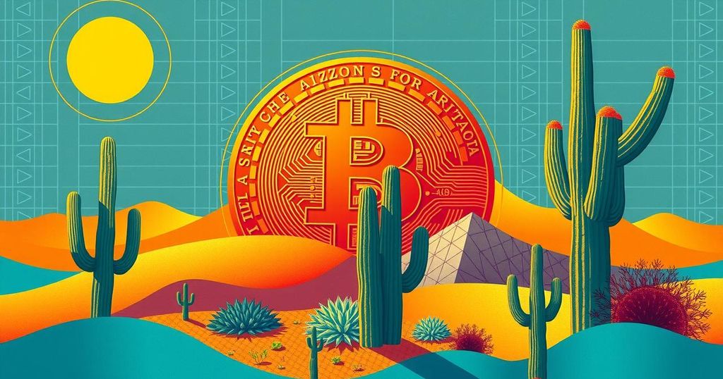 A digital representation of Bitcoin with Arizona symbols, showing blockchain and finance concepts in modern art style.
