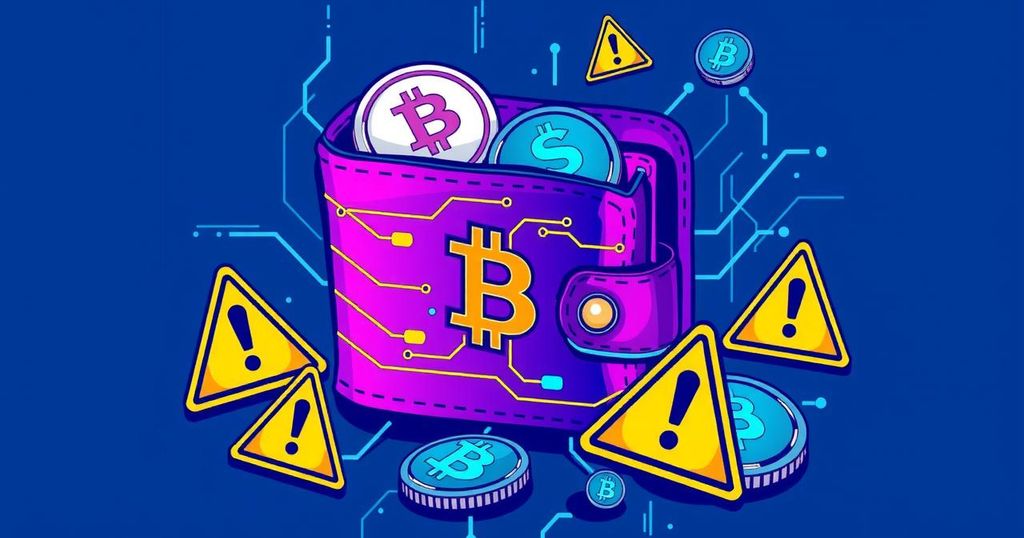 A digital illustration showing a cryptocurrency wallet surrounded by warning symbols, in a modern art style.