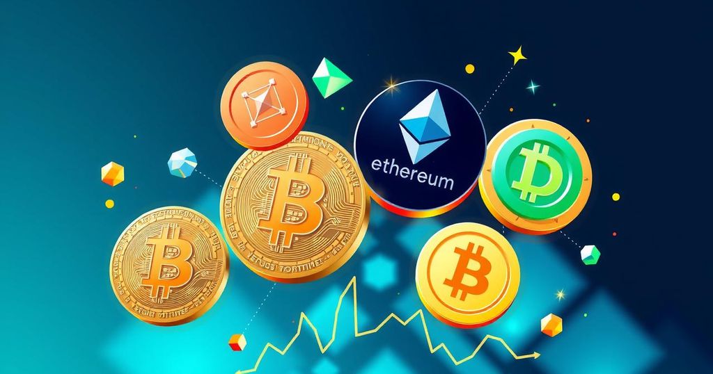 A digital artwork showcasing various popular cryptocurrencies with price tags in vibrant colours and geometric patterns.